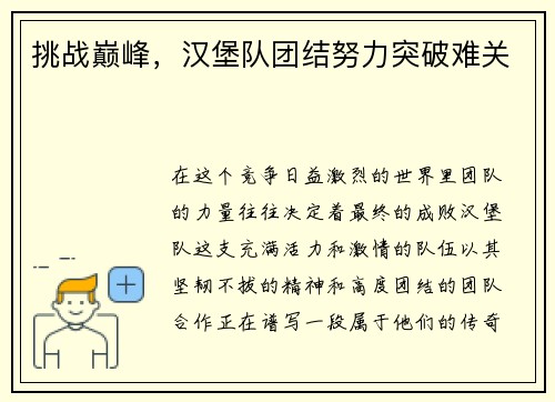 挑战巅峰，汉堡队团结努力突破难关